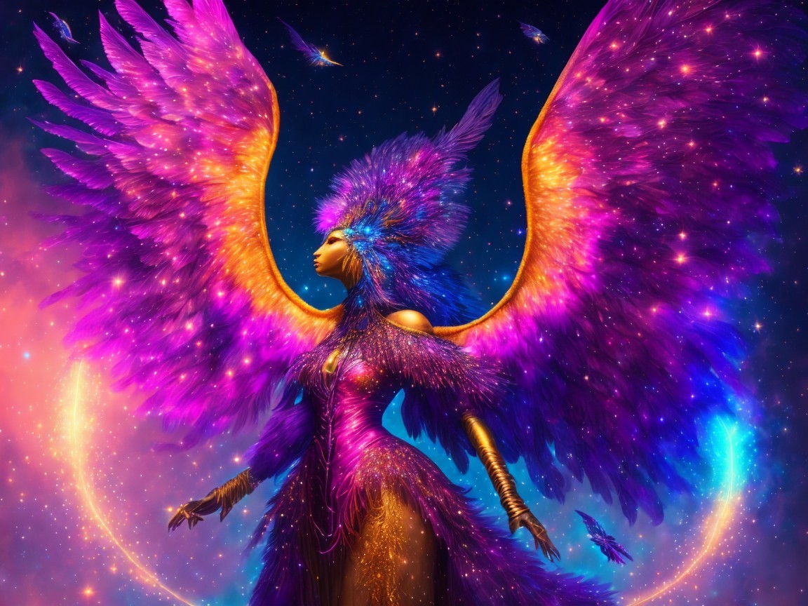 Majestic Figure in Cosmic Setting with Ethereal Wings