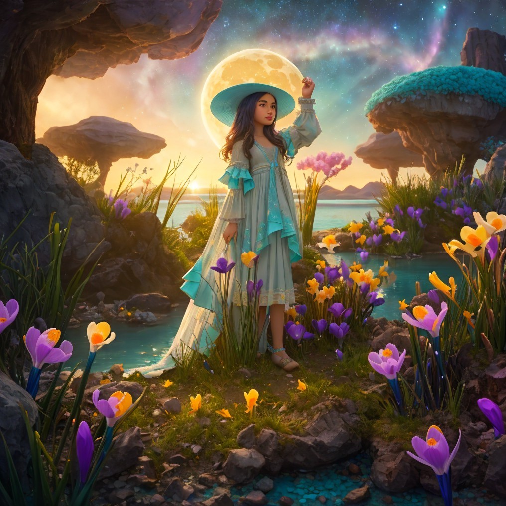 Young girl in a magical landscape with vibrant flowers