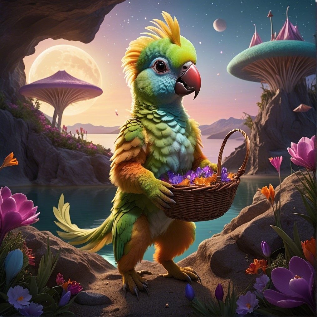 Colorful Parrot by Serene Lake in Whimsical Landscape