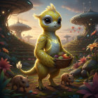 Young girl in a magical landscape with vibrant flowers