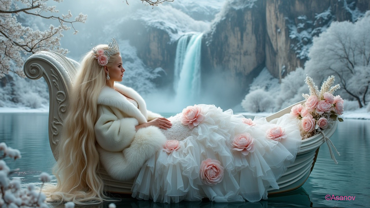 Woman in White Gown Amid Snowy Landscape and Waterfall