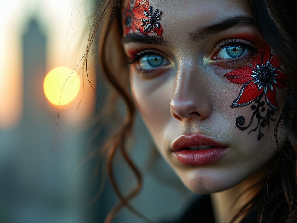 Close-Up Portrait of Woman with Floral Face Art