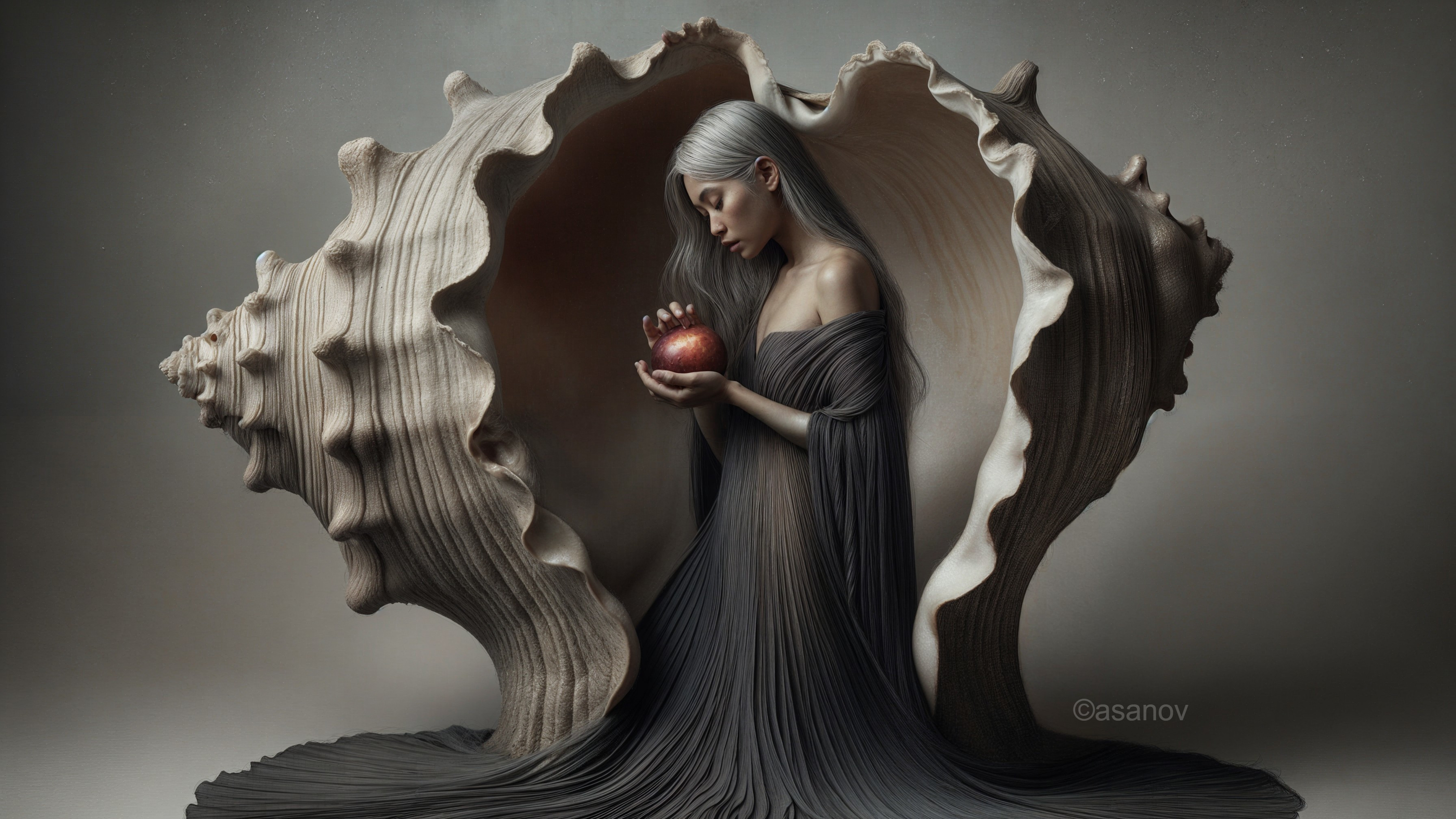 Mystical figure in seashell with red apple and gown