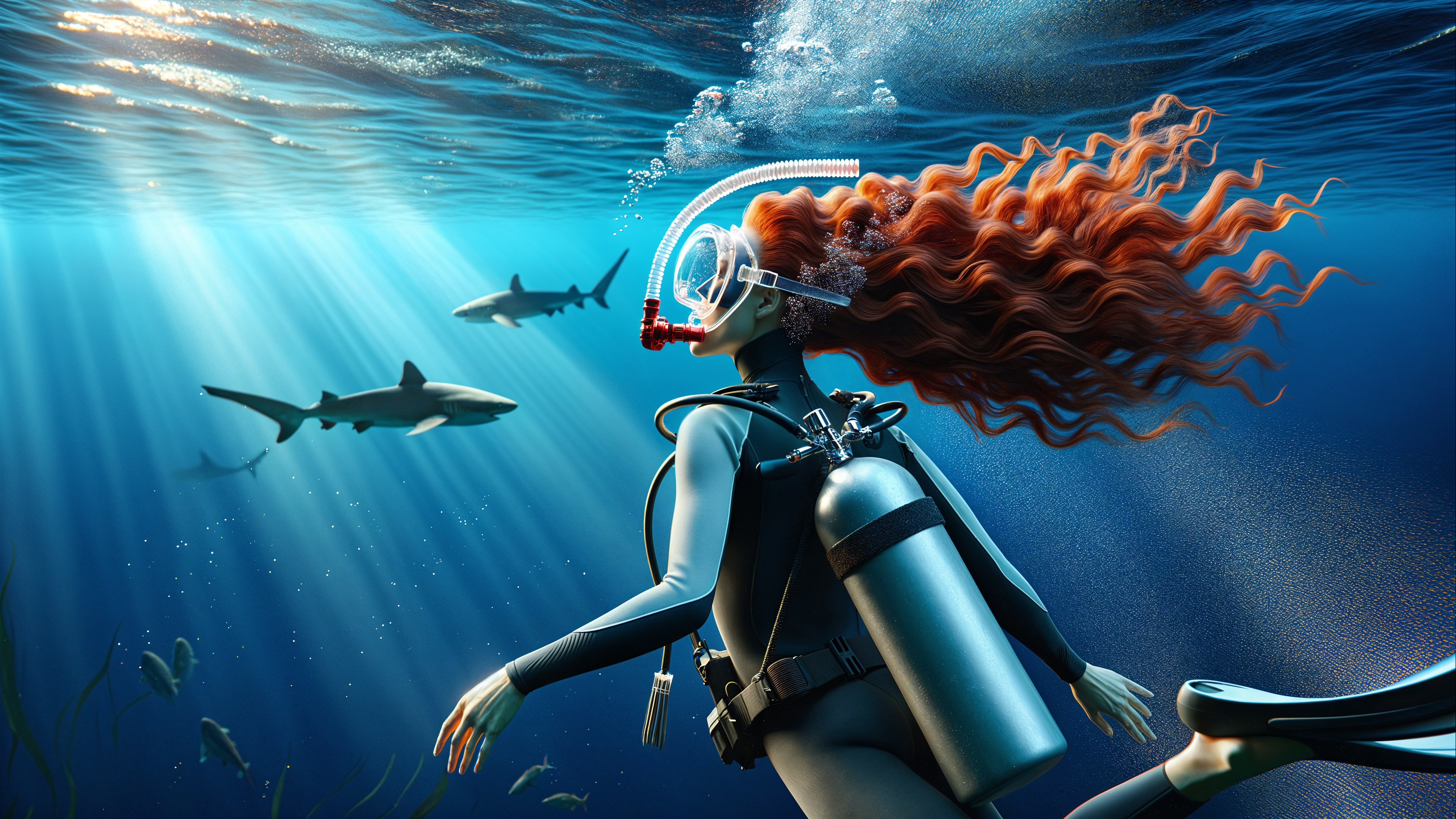 Diver with Red Hair Explores Underwater Scene with Sharks