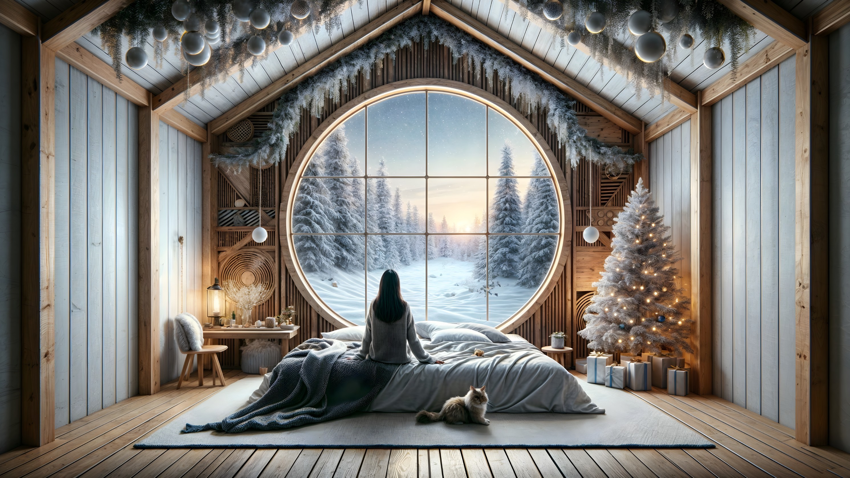 Cozy Cabin Bedroom with Snowy Landscape and Christmas Tree