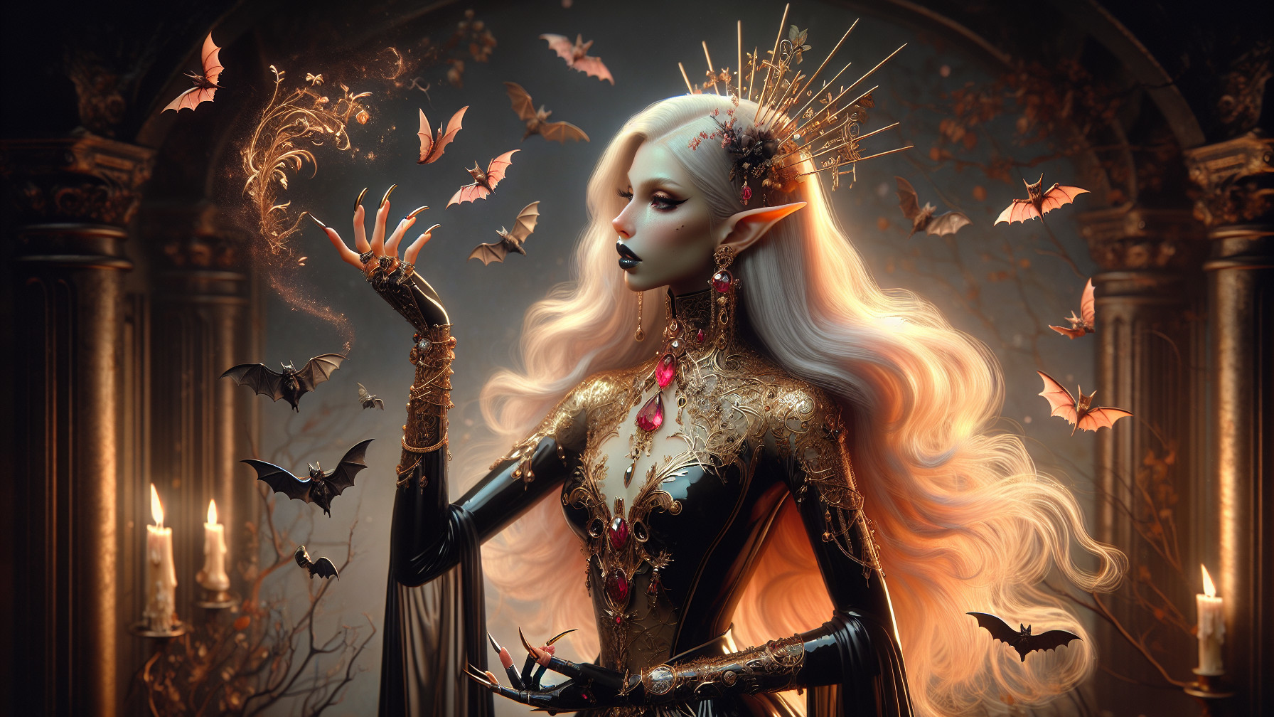 Vampire Queen with White Hair and Magical Bats