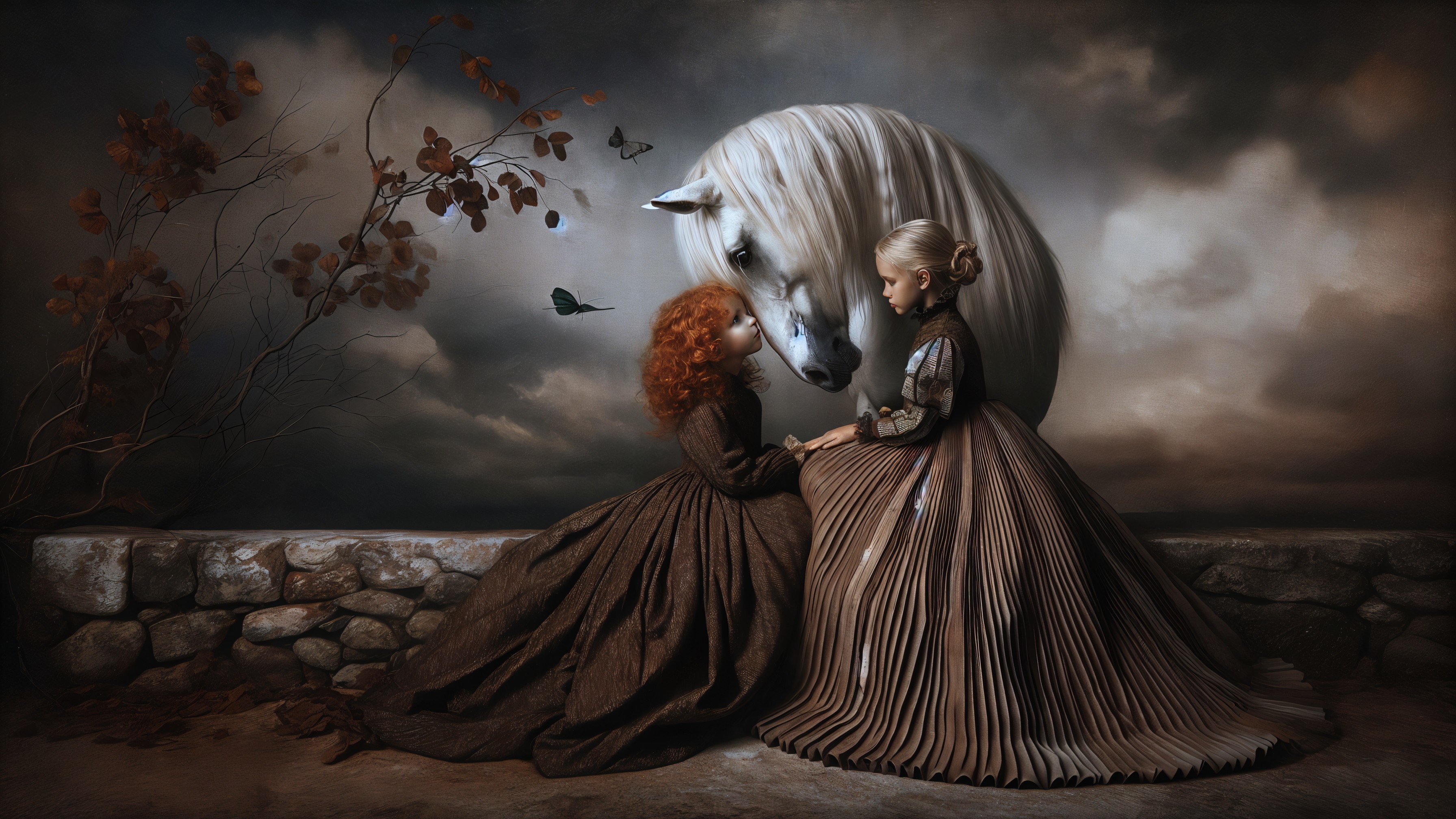 Girls in Vintage Dresses with a White Horse Under Clouds