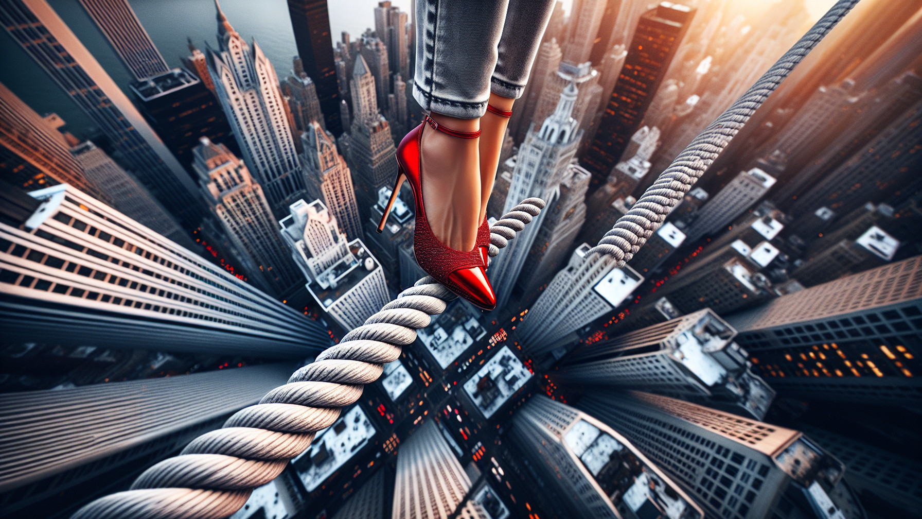 Red High-Heeled Shoe on Tightrope Over Cityscape