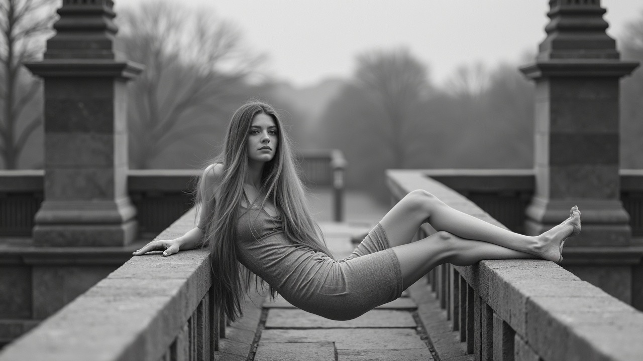 Young woman in fitted dress on stone railing, black and white