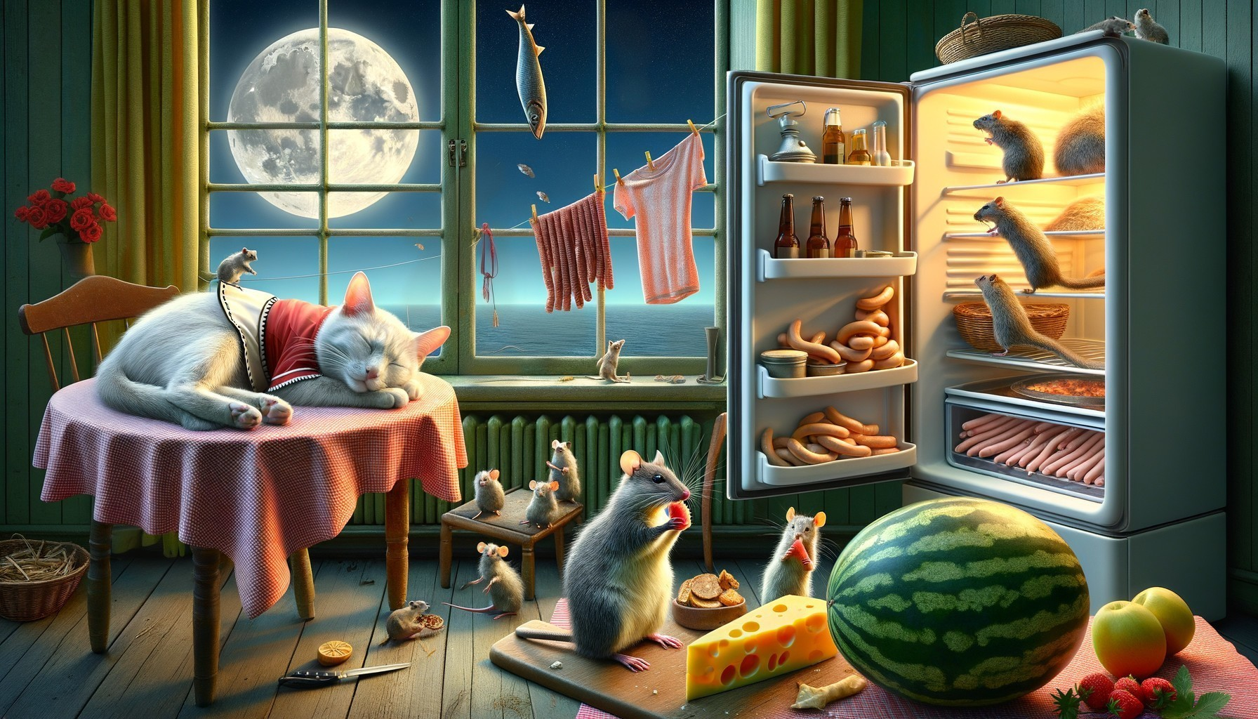 Whimsical Scene of a Cat and Exploring Mice