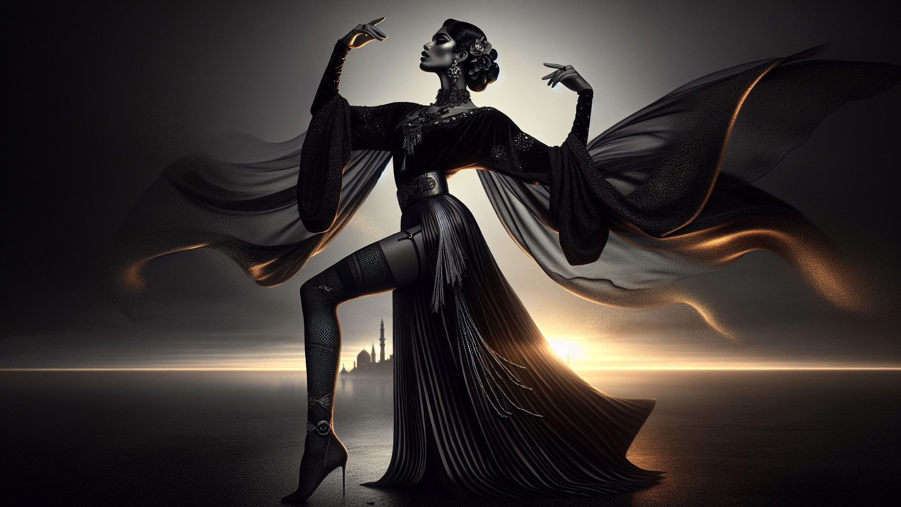 Elegant Figure in Black Gown Against Ethereal Background