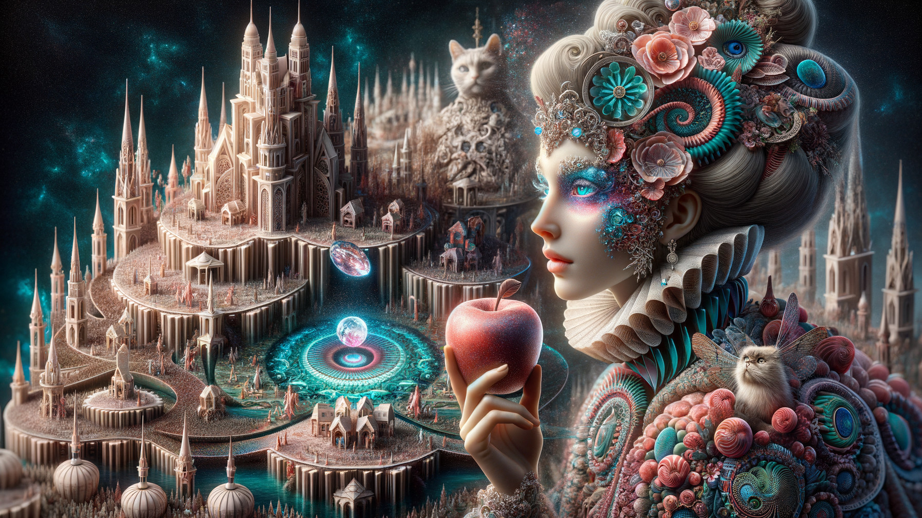 Elegant Woman with Floral Designs in Fantasy Scene