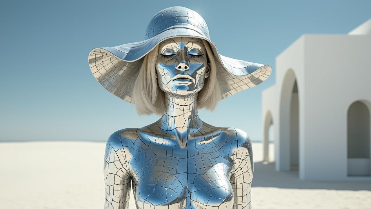 Futuristic Metallic Humanoid in Serene Landscape
