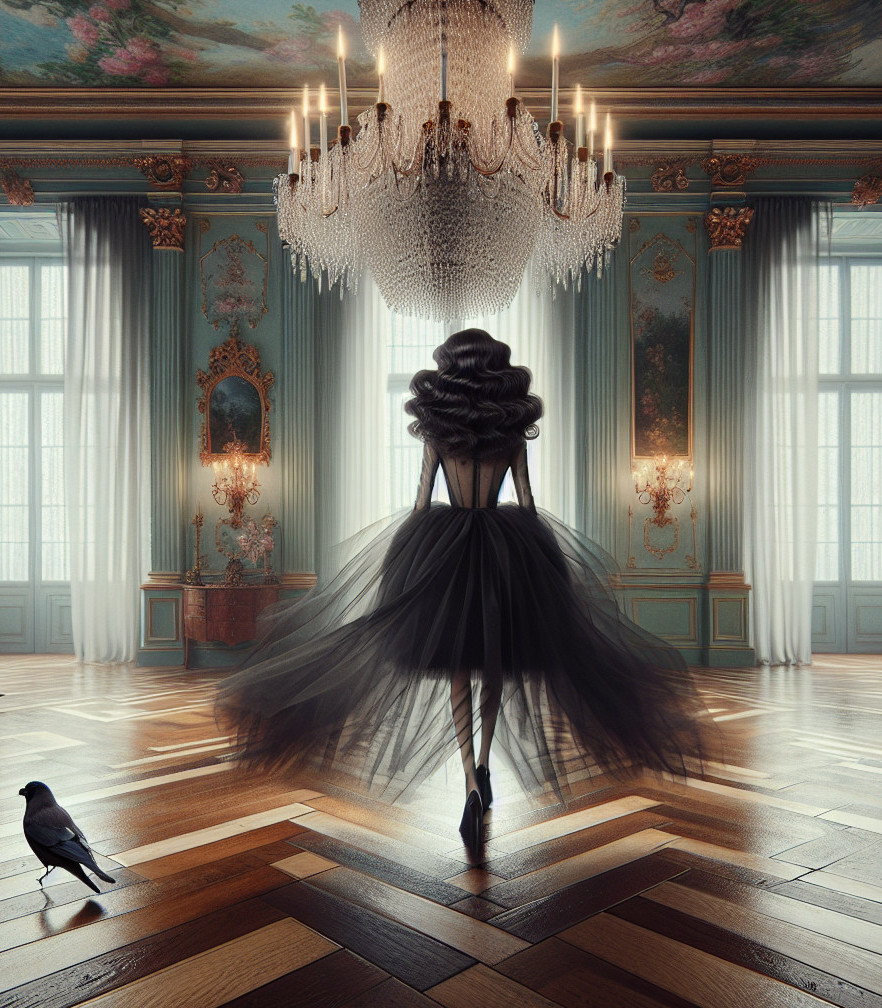 Elegant Room with Black Gown and Chandelier