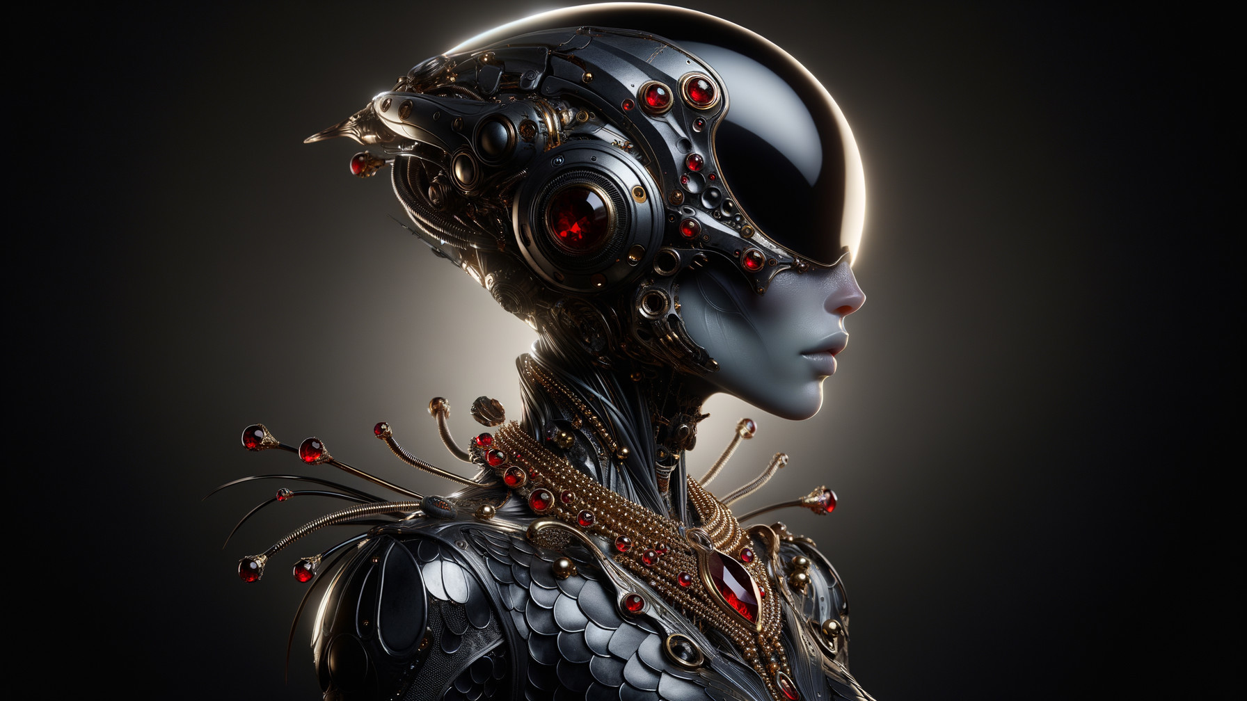 Futuristic Robotic Figure with Metallic Design and Gems