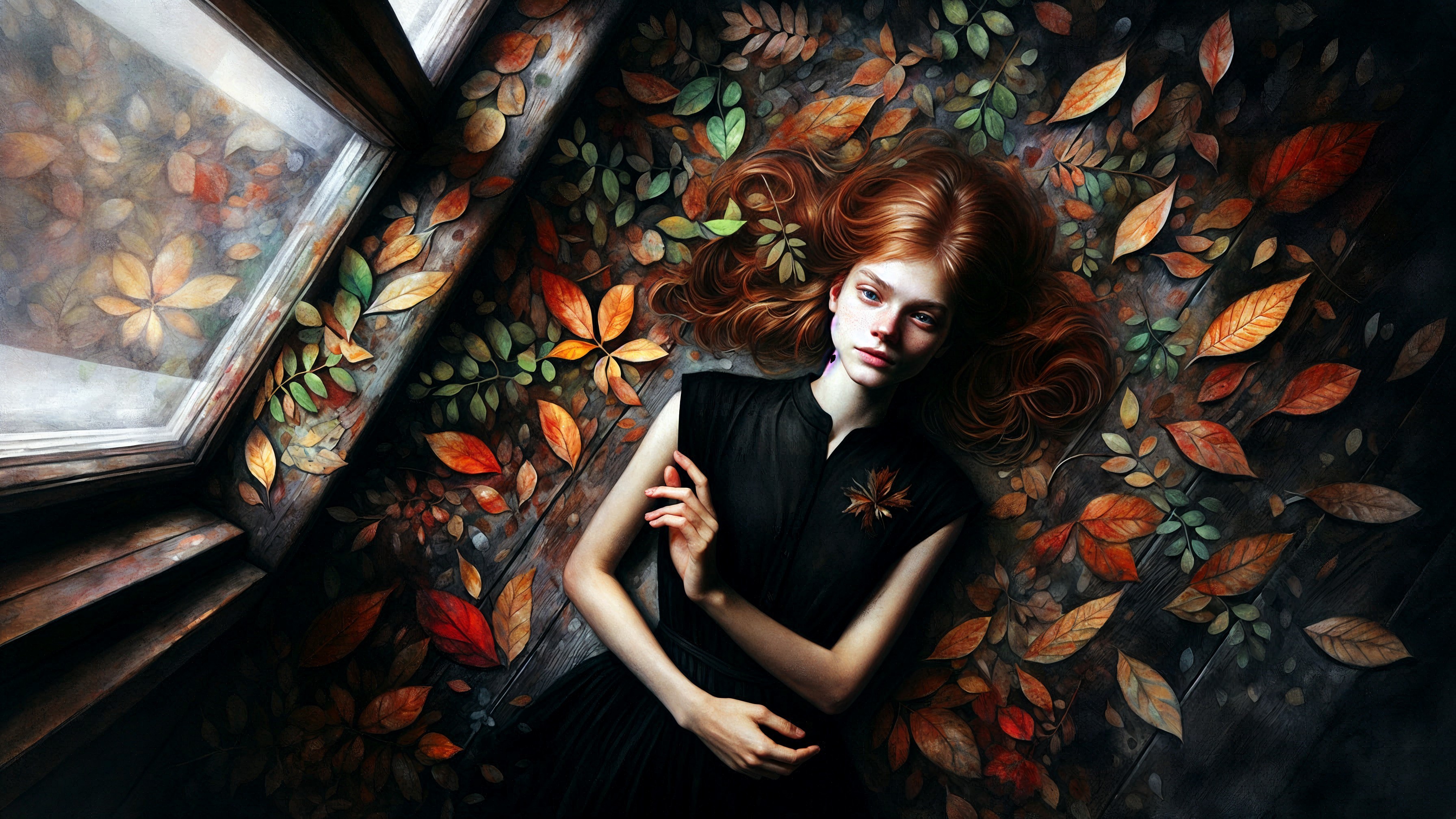 Young Girl with Red Hair Among Autumn Leaves