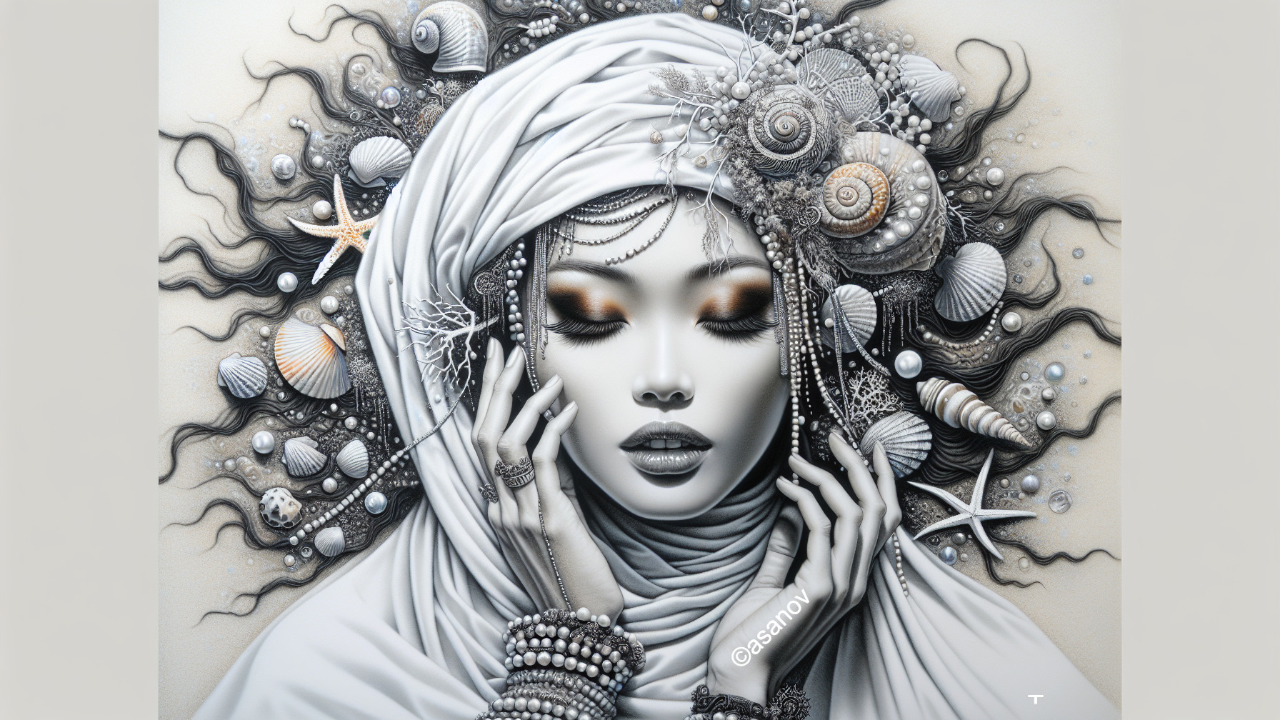 Serene Female Figure with Seashells and Jewelry