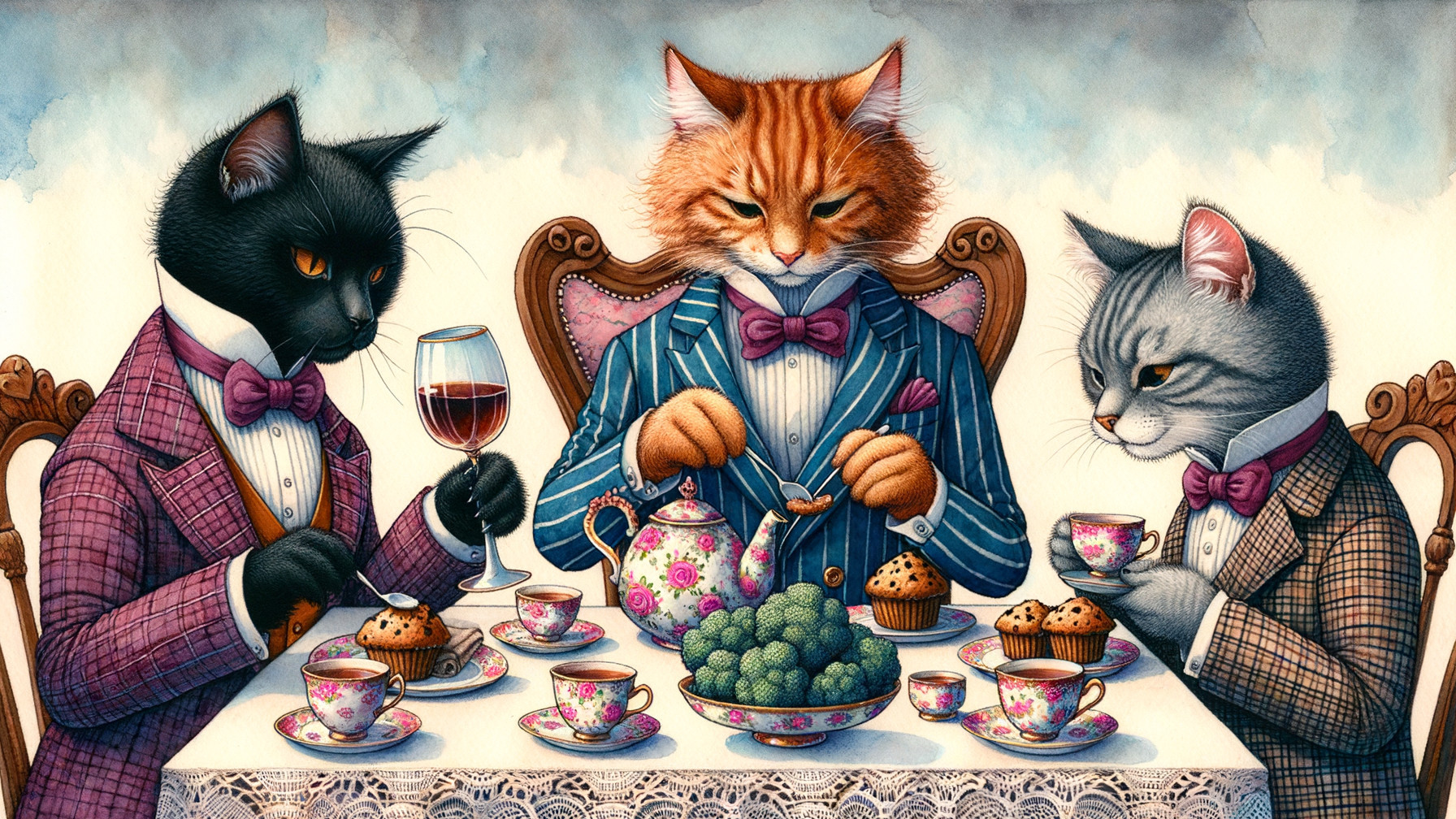 Cats Enjoying Afternoon Tea in a Whimsical Setting