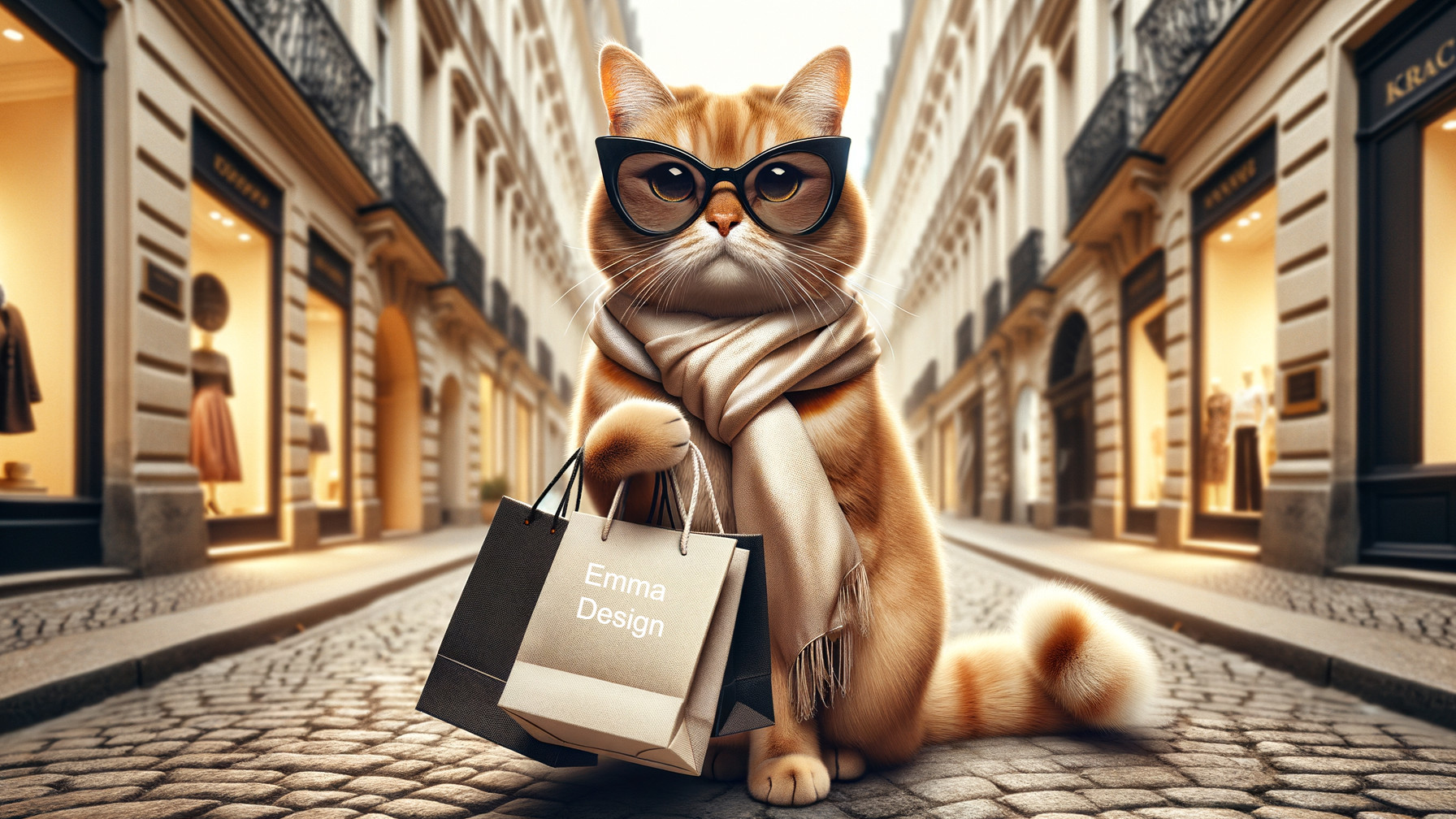Fashionable Cat with Shopping Bags in Charming Street