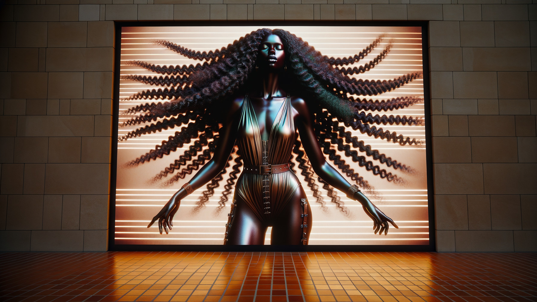 Digital Artwork of Futuristic Figure with Curly Hair