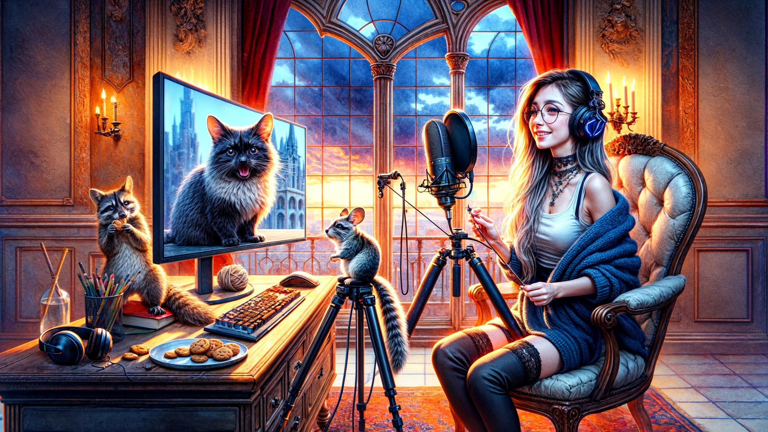 Woman in Vintage Chair with Cats and Squirrel