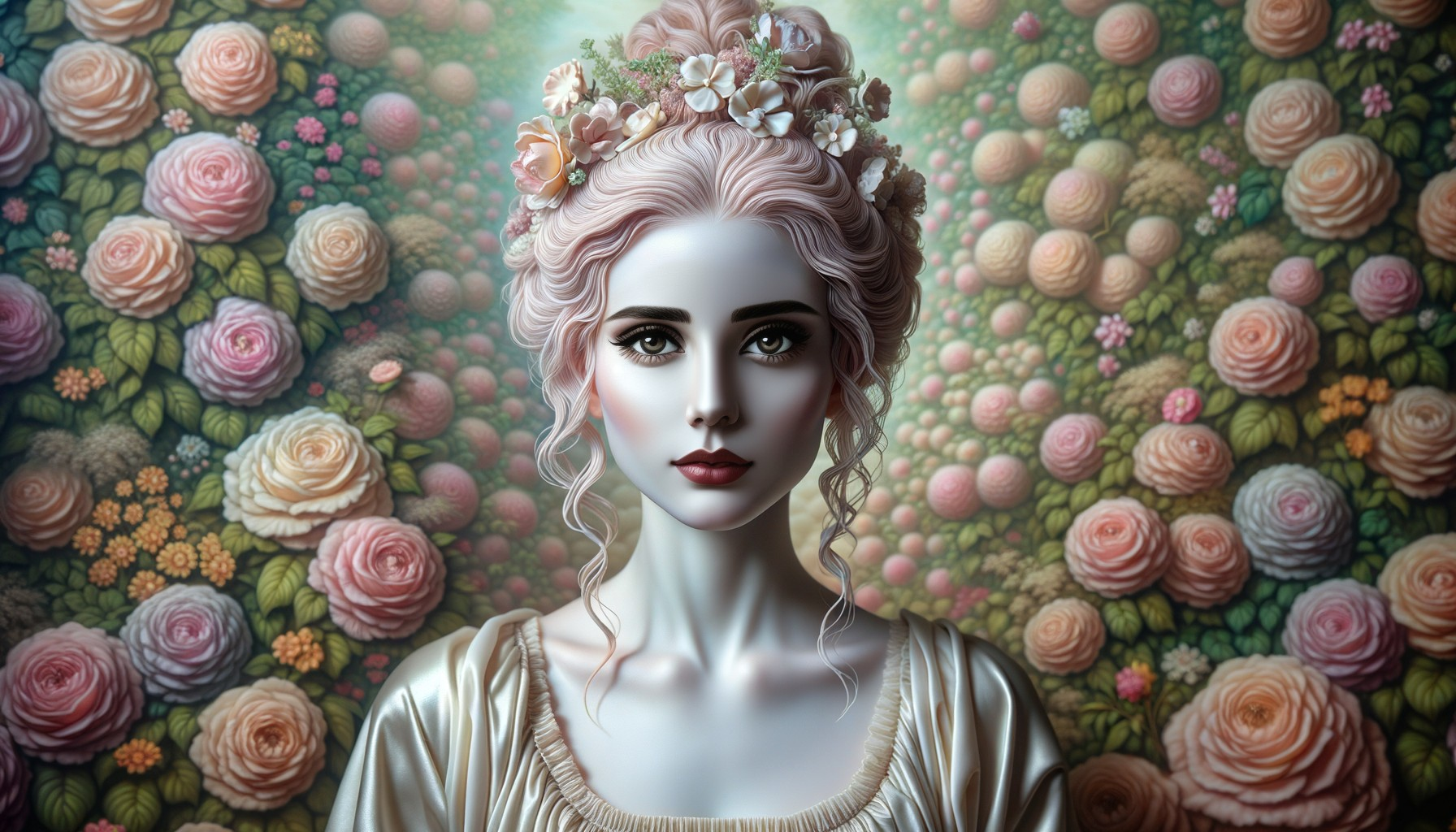 Porcelain-skinned woman in floral gown among roses