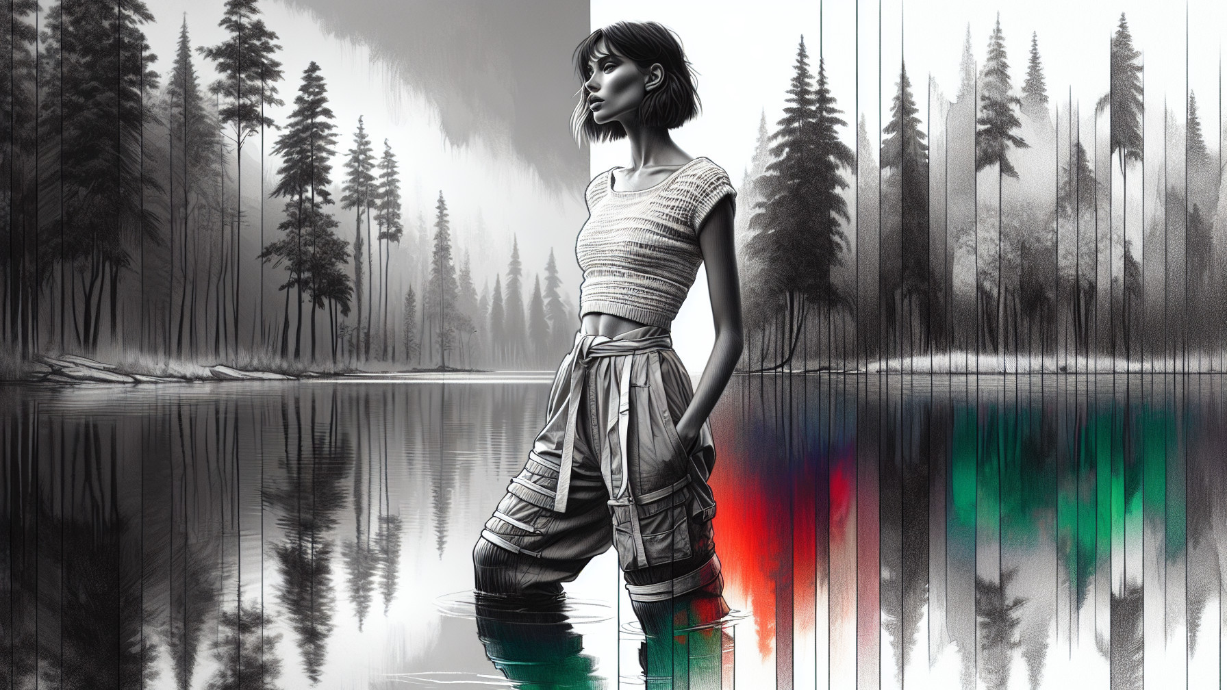 Young Woman in Black-and-White Landscape Reflection