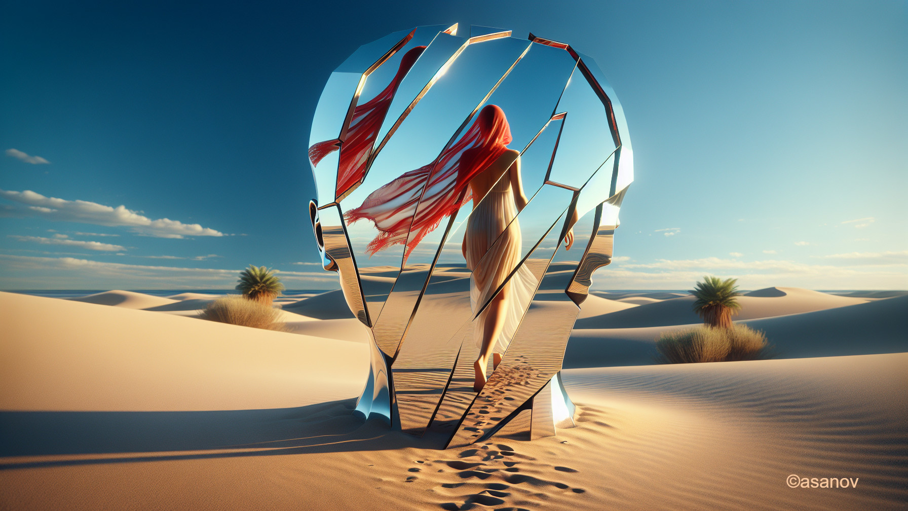 Woman with Red Hair in Desert with Shattered Head Silhouette