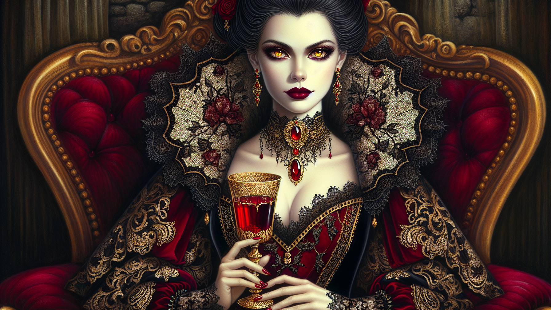 Gothic Vampire Queen Portrait with Rich Details