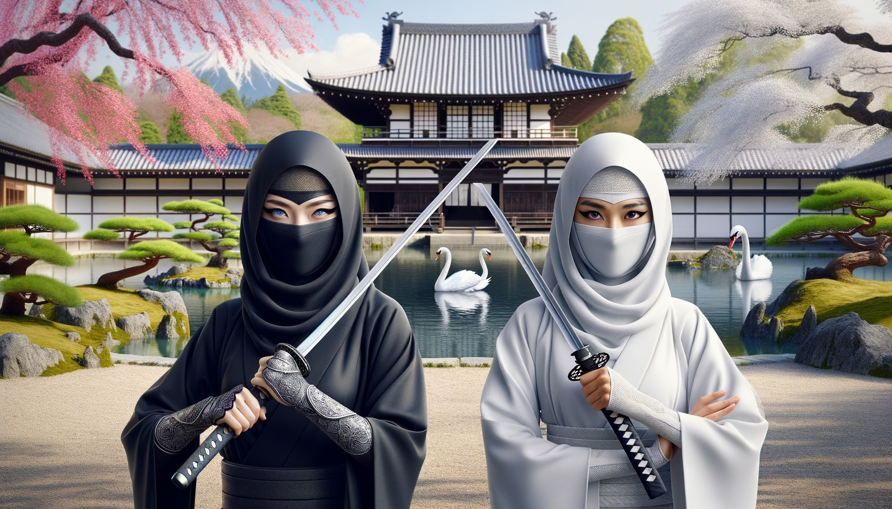 Ninja Warriors with Swords Outside Japanese Temple