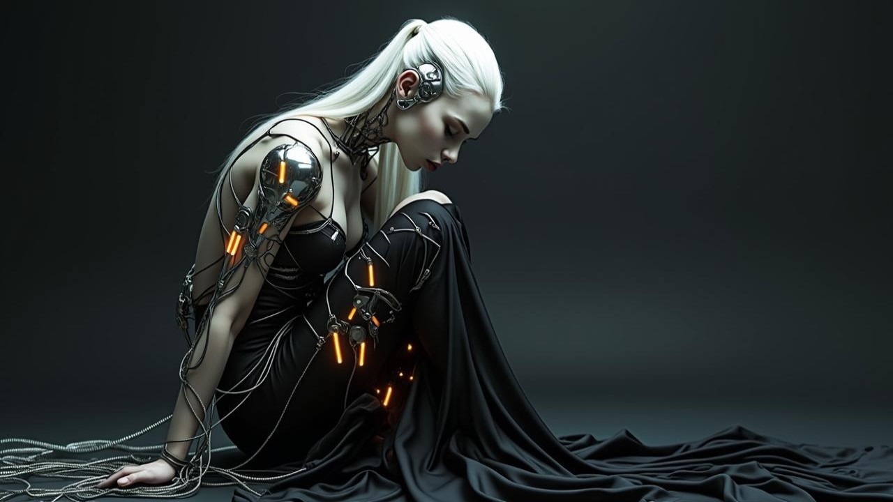 Futuristic Figure in Black Dress with Cybernetic Enhancements