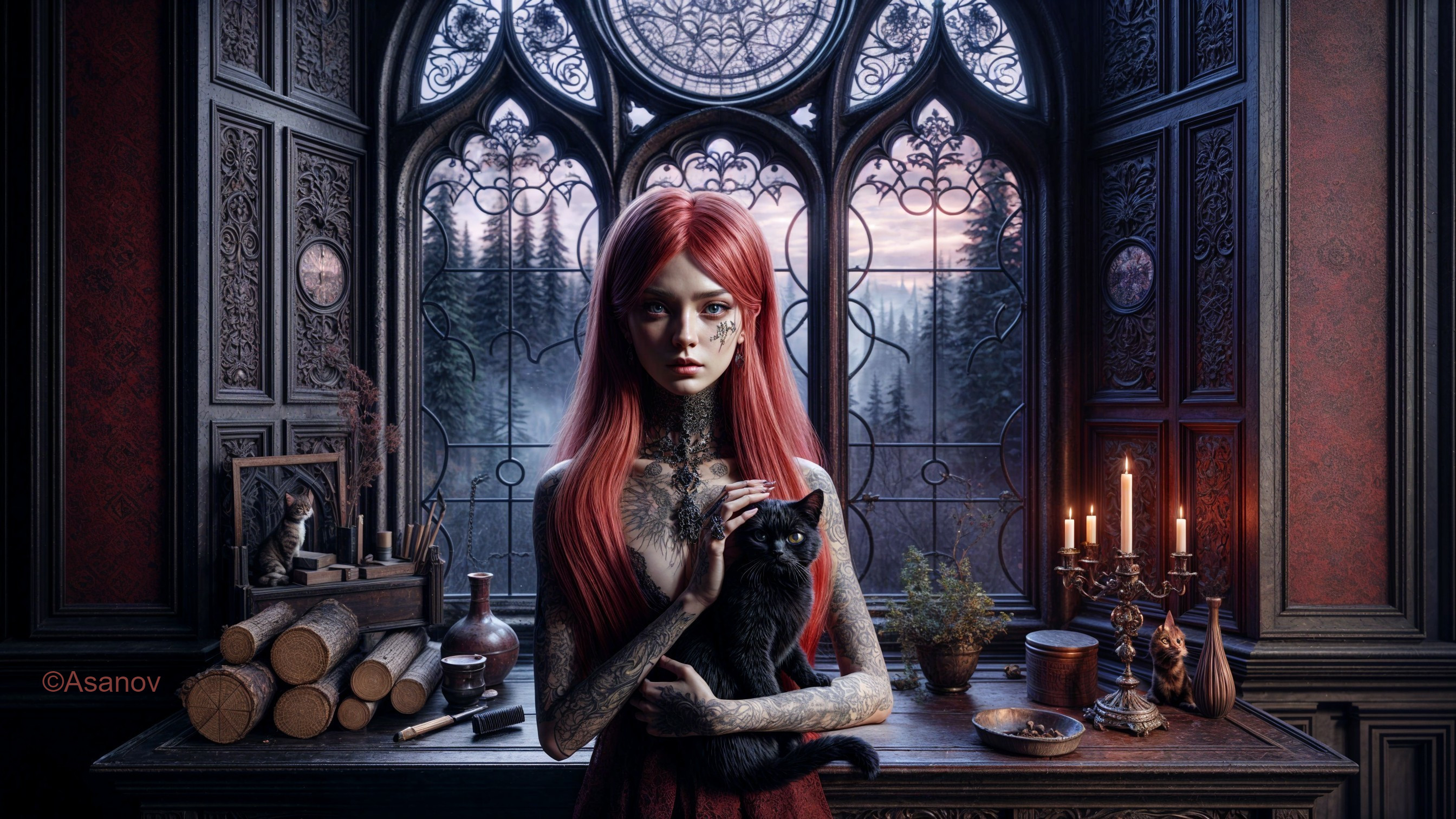 Gothic Room with Young Woman and Black Cat