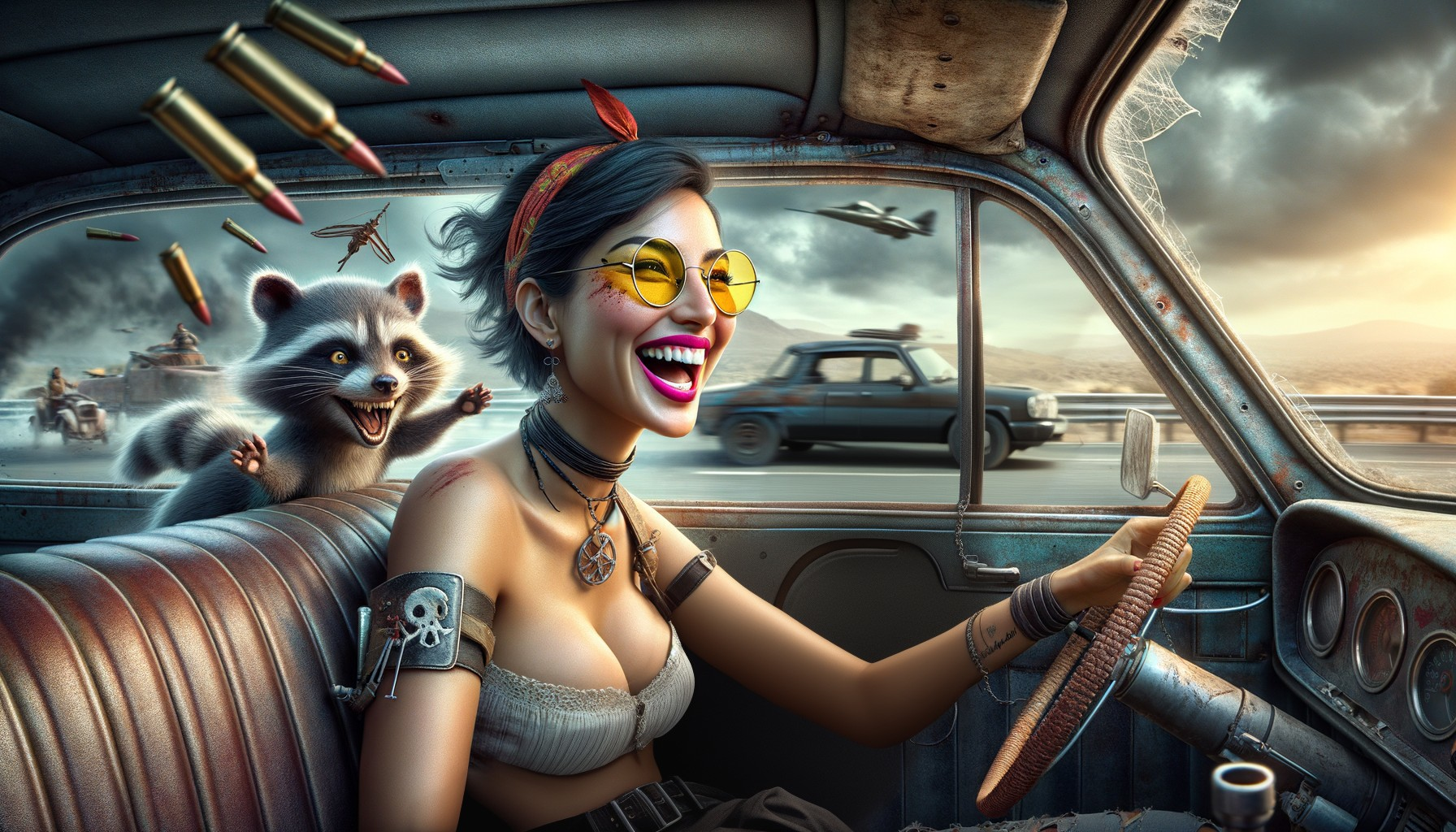 Stylish Woman Driving Old Car with Raccoon Companion