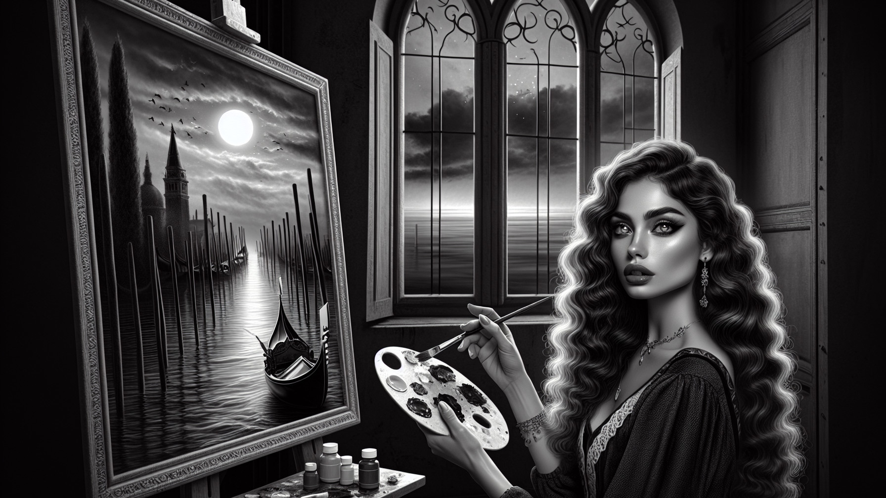 Grayscale Scene of Woman Painting Moonlit Gondola View