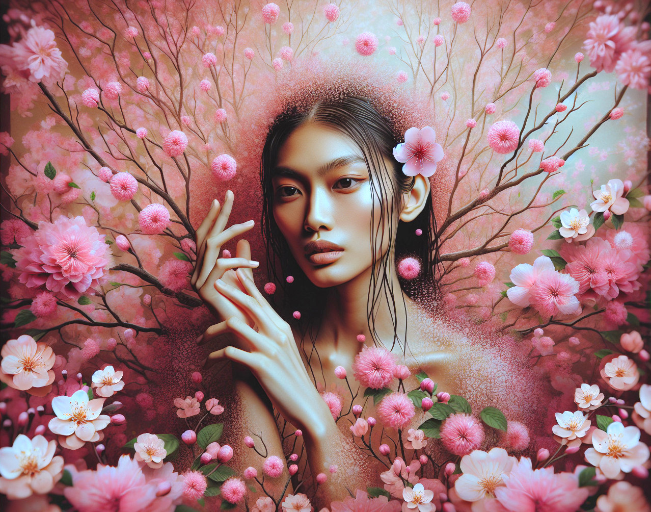 Portrait of a woman with cherry blossoms in spring