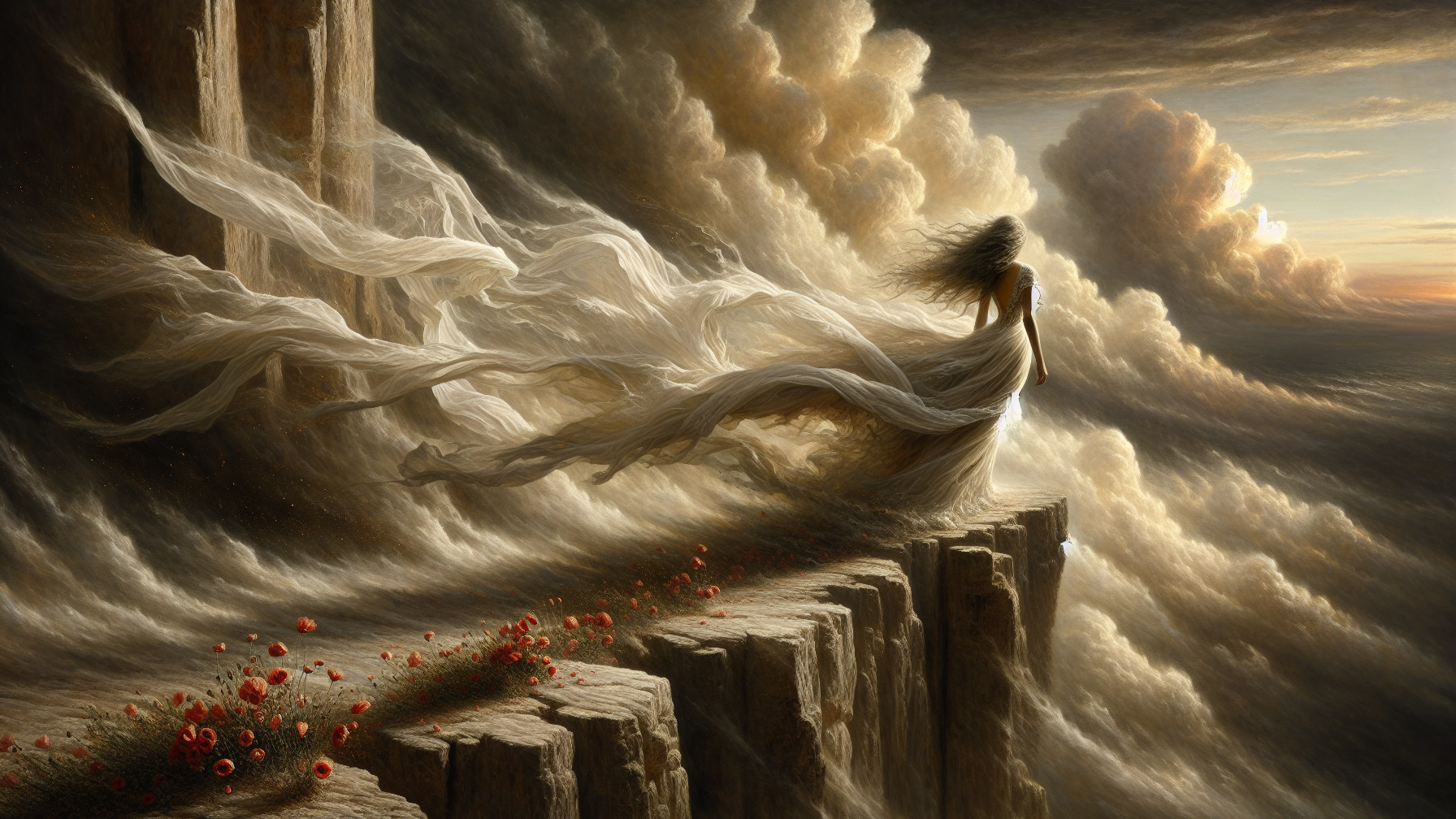 Ethereal Figure on Cliff with Dramatic Sky and Poppies