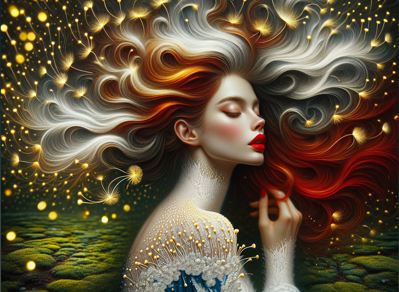 Dreamy Portrait of a Woman with Wavy Hair and Lights