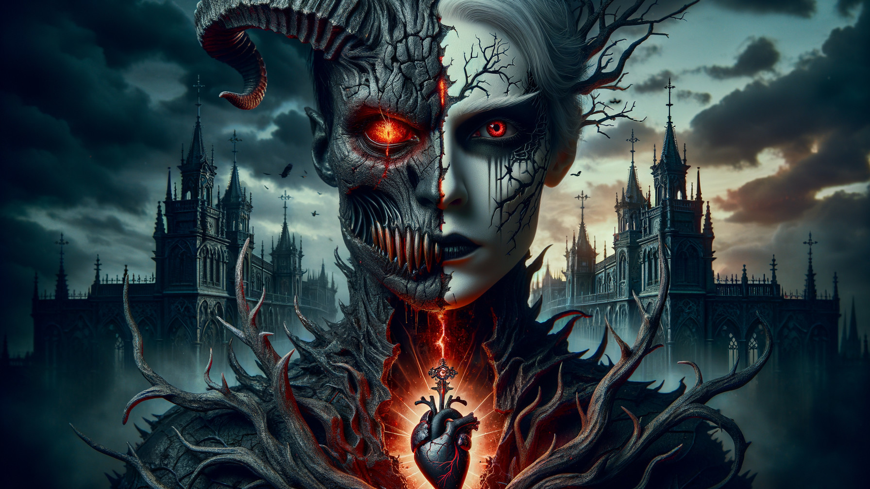 Split-Face Portrait of Demonic Skull and Woman