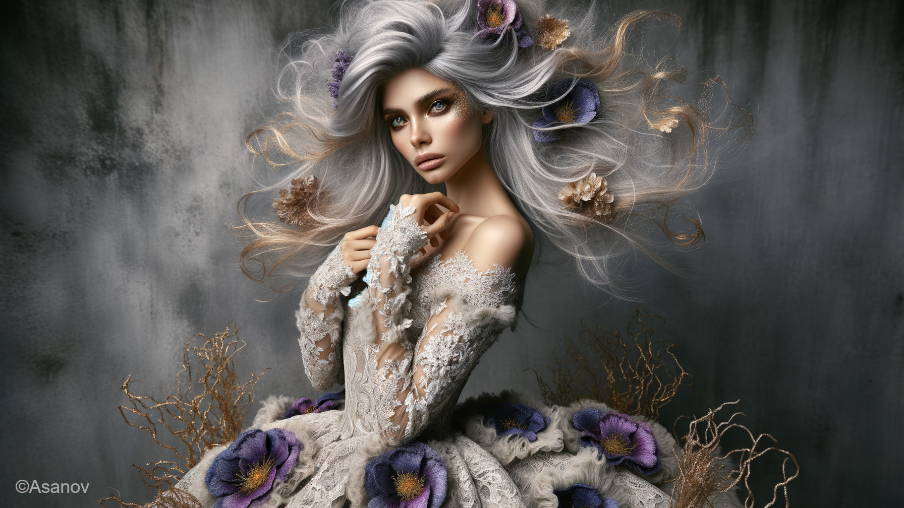 Ethereal figure with silver hair in floral gown