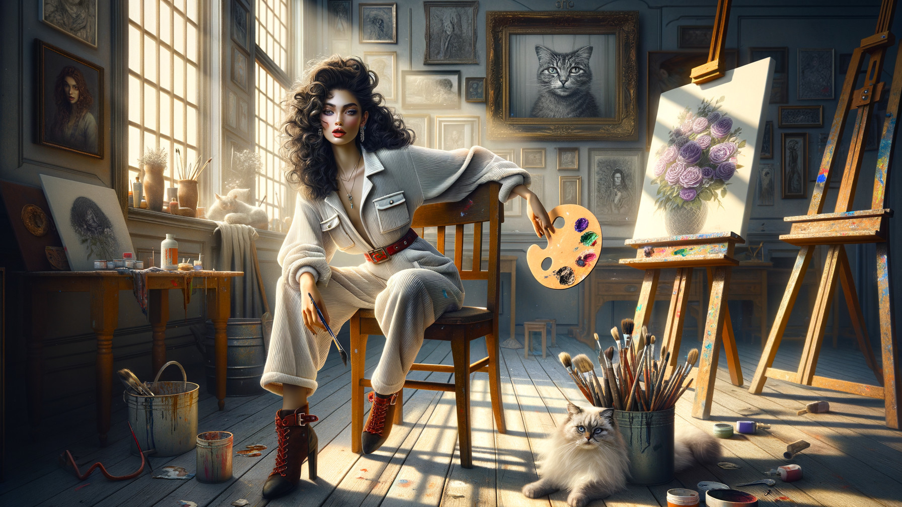 Stylish Woman in Sunlit Artist's Studio with Cat