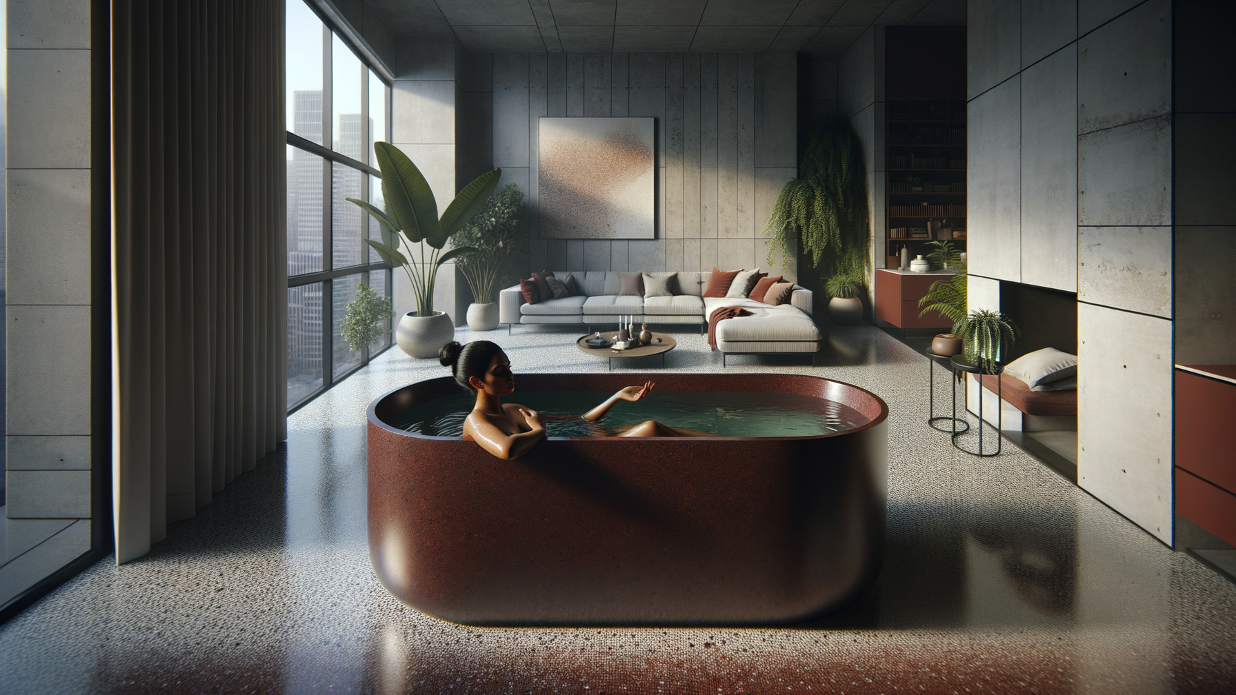 Modern Living Space with Elegant Red Bathtub