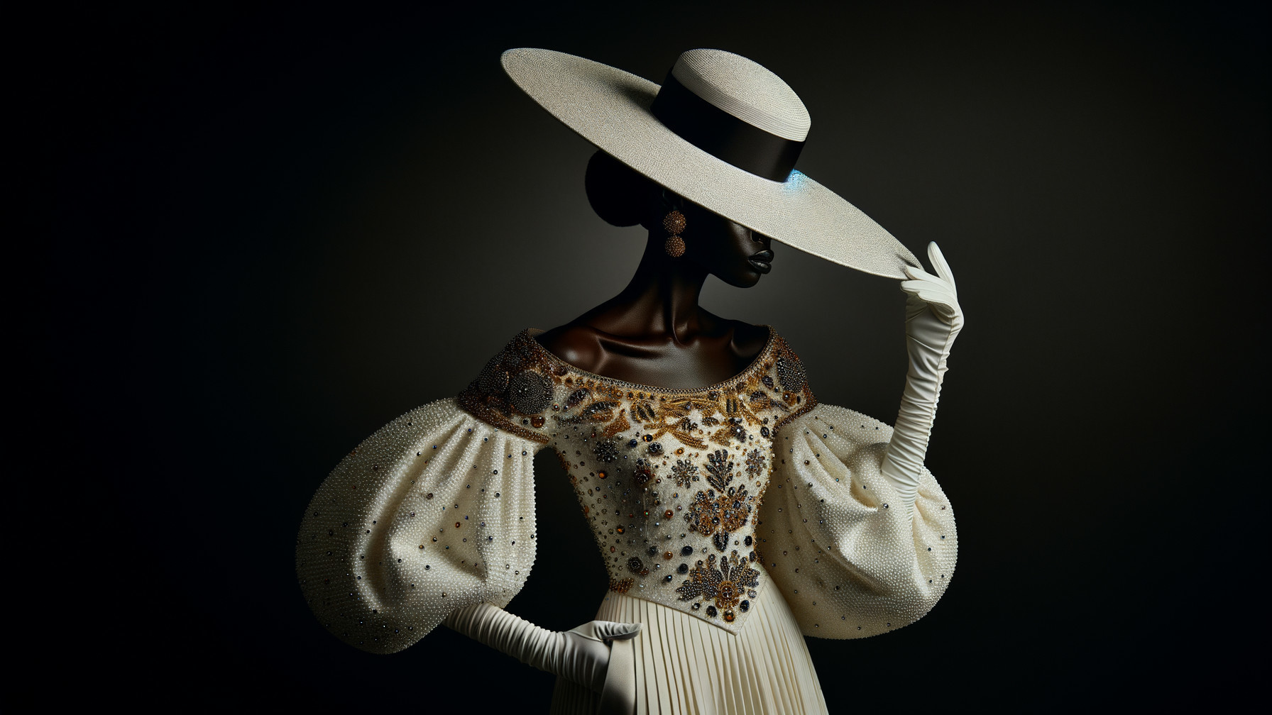 Elegant gown on mannequin with intricate beading and hat