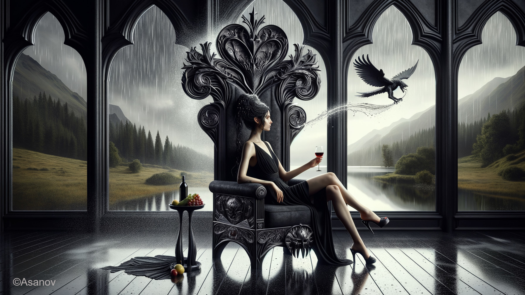 Regal Woman in Black Dress in Ornate Dark Room