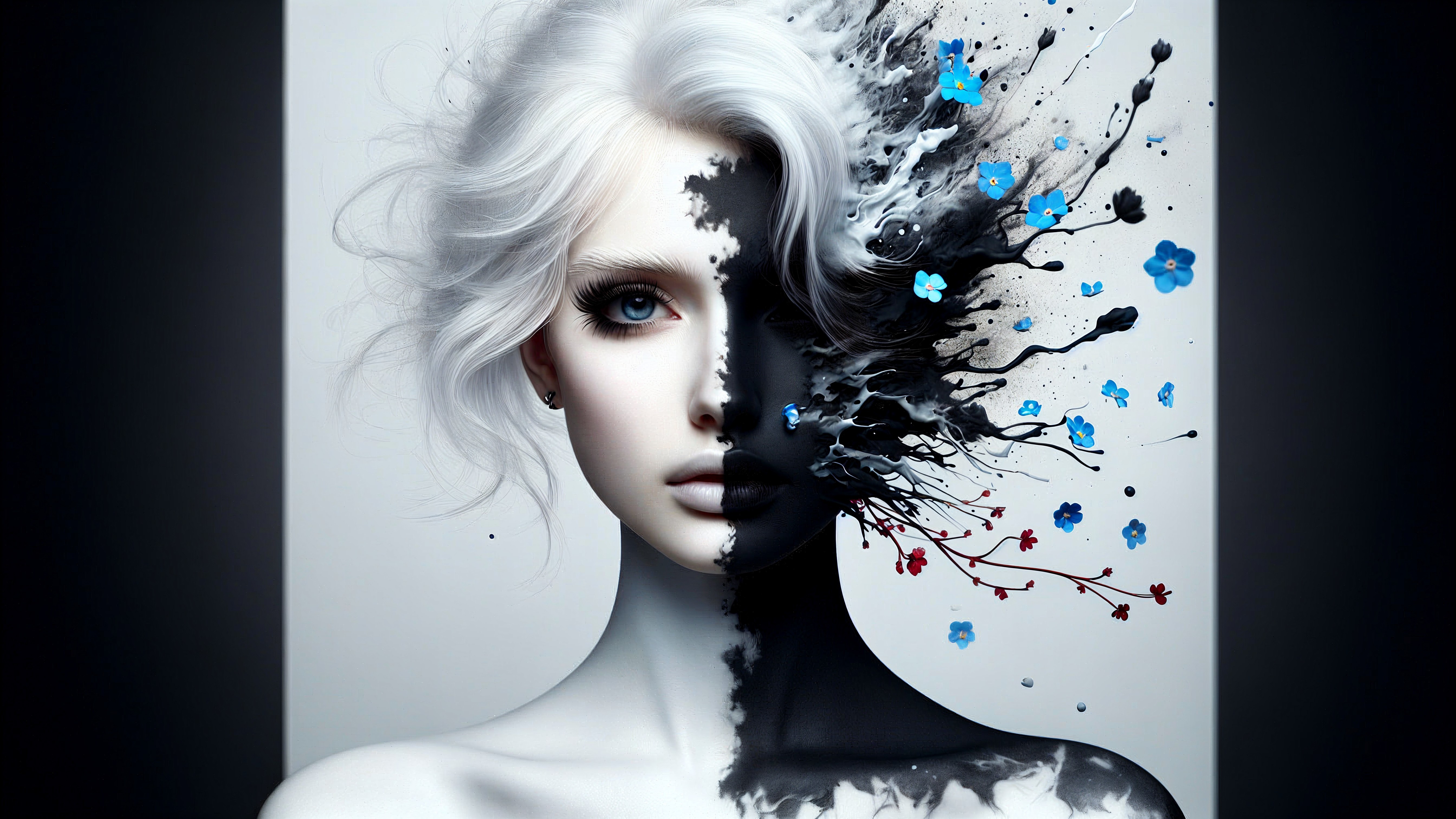 Artistic Representation of a Split Face with Flowers