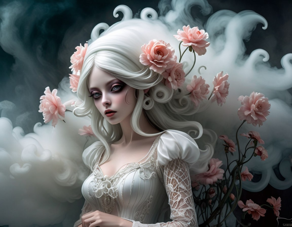 Surreal Portrait of Woman with White Hair and Roses