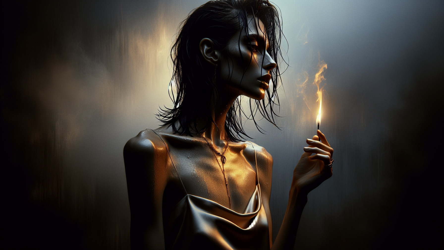 Profile of a Woman with Tousled Hair and Match Flame