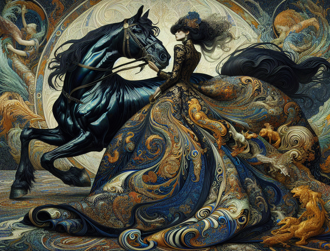 Majestic Woman in Gown on Black Horse with Creatures