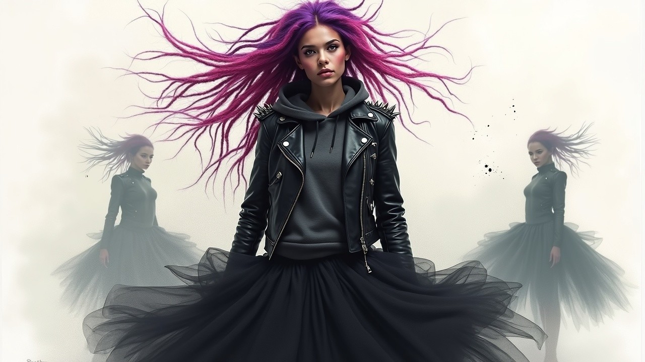 Young woman in edgy attire with dynamic silhouettes