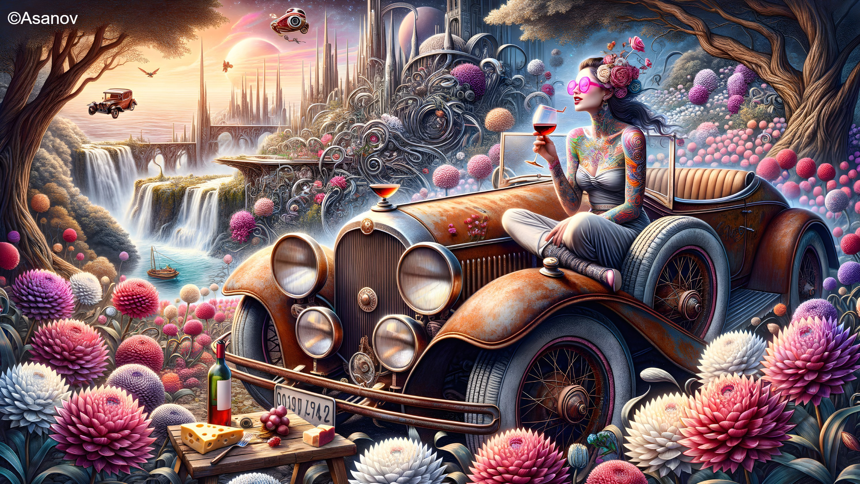 Whimsical Landscape with Vintage Car and Waterfalls