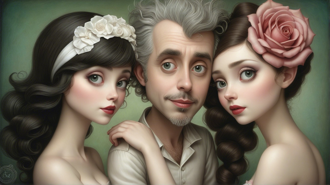Whimsical Portrait of a Man and Two Elegant Women